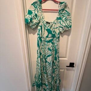 Zara White Dress with Green Floral Print Midi